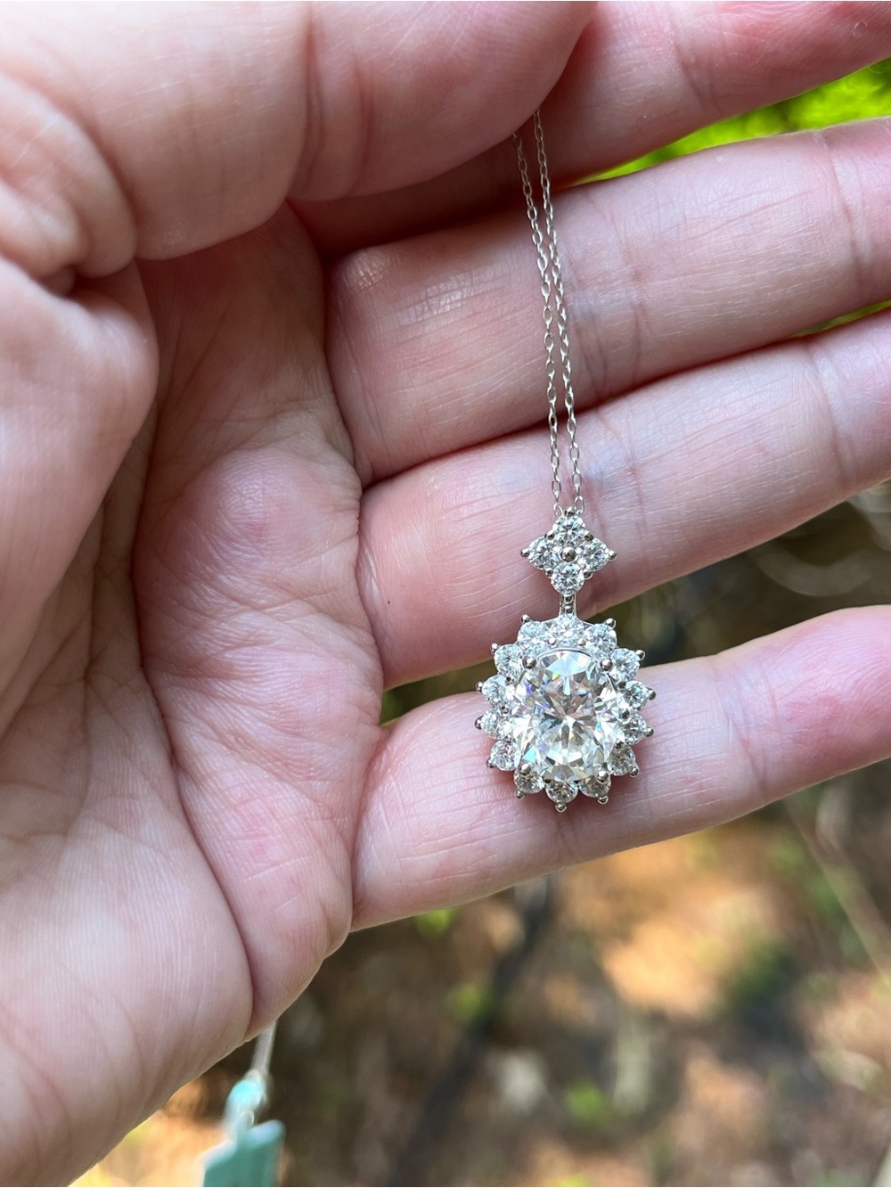 Sterling 925 Silver Moissanite Halo Pendant Necklace 16” 6ct center! BRILLIANT!!